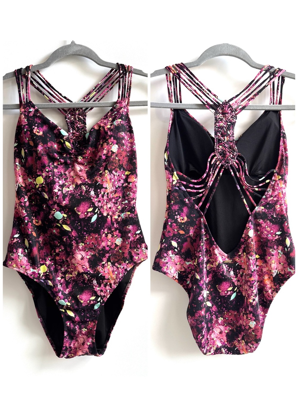 Victoria's Secret Floral Print Strappy One-Piece Swimsuit Pink Purple Medium